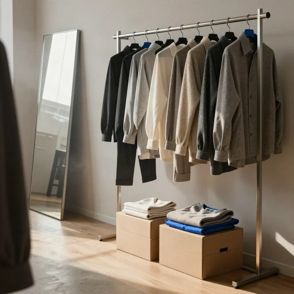 Escaparate minimalista con prendas dobladas, espejo y barra de ropa en una boutique luminosa.