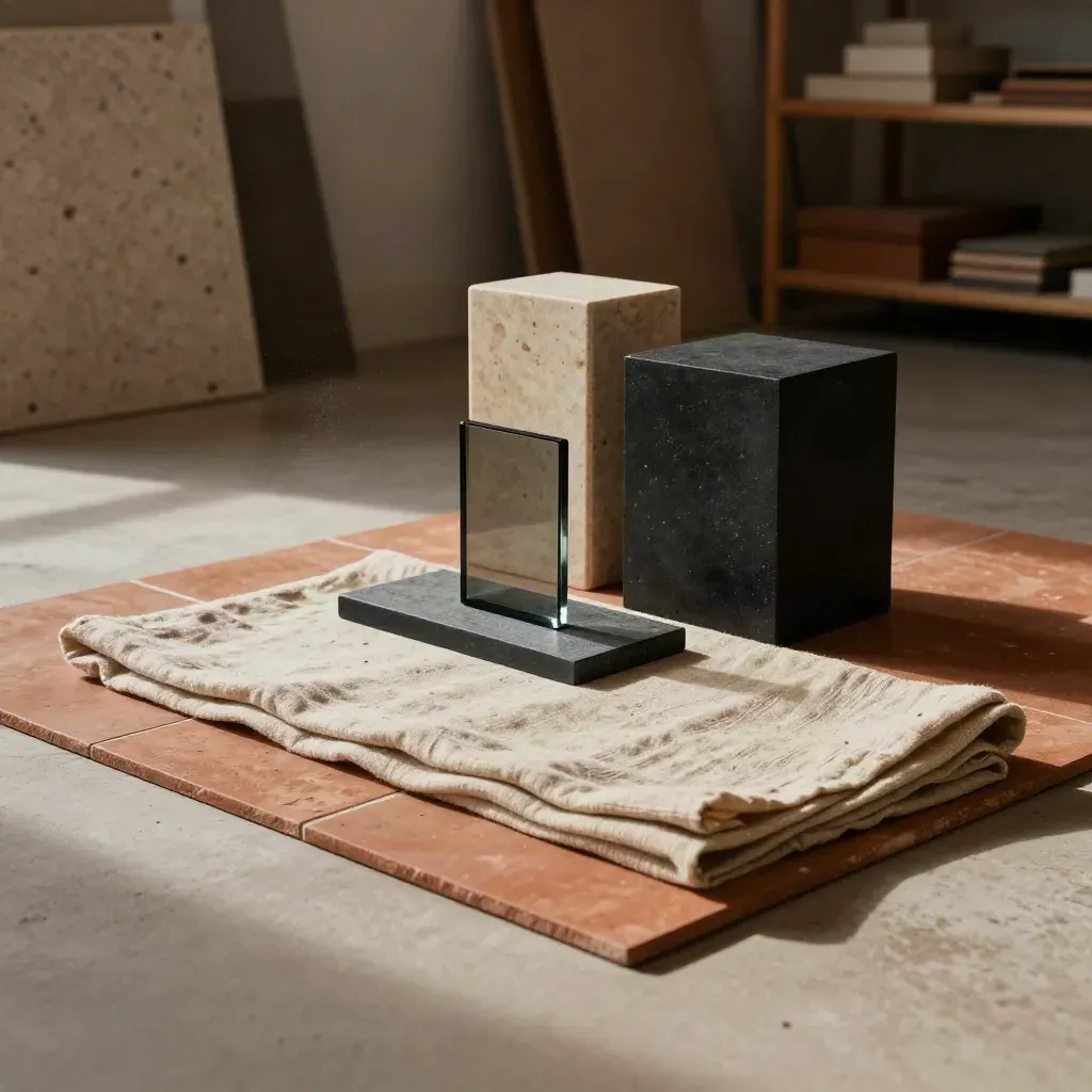 Muestrario de materiales para dirección de arte con arcilla, lino, vidrio ahumado y piedra.