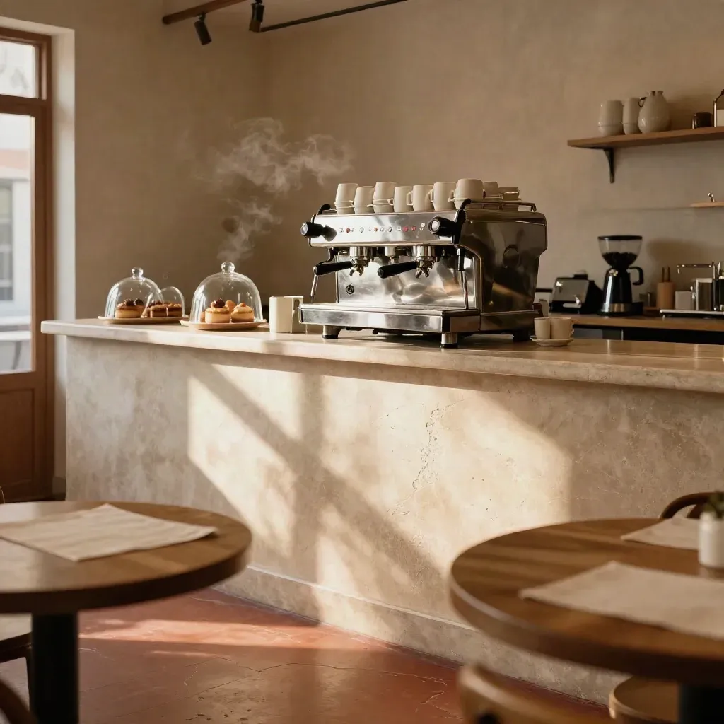 Interior cálido de un café renovado, con espresso, tazas y bollería listos para abrir.