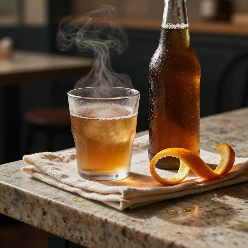 Bebida fría local en vaso con condensación, botella, cáscara de cítrico y servilleta de lino sobre piedra.