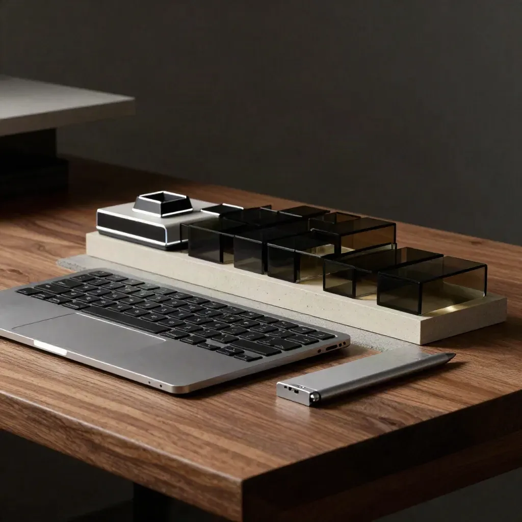 Kit de diseño web con tablet de aluminio, teclado compacto, trackpad y bloques acrílicos sobre piedra.