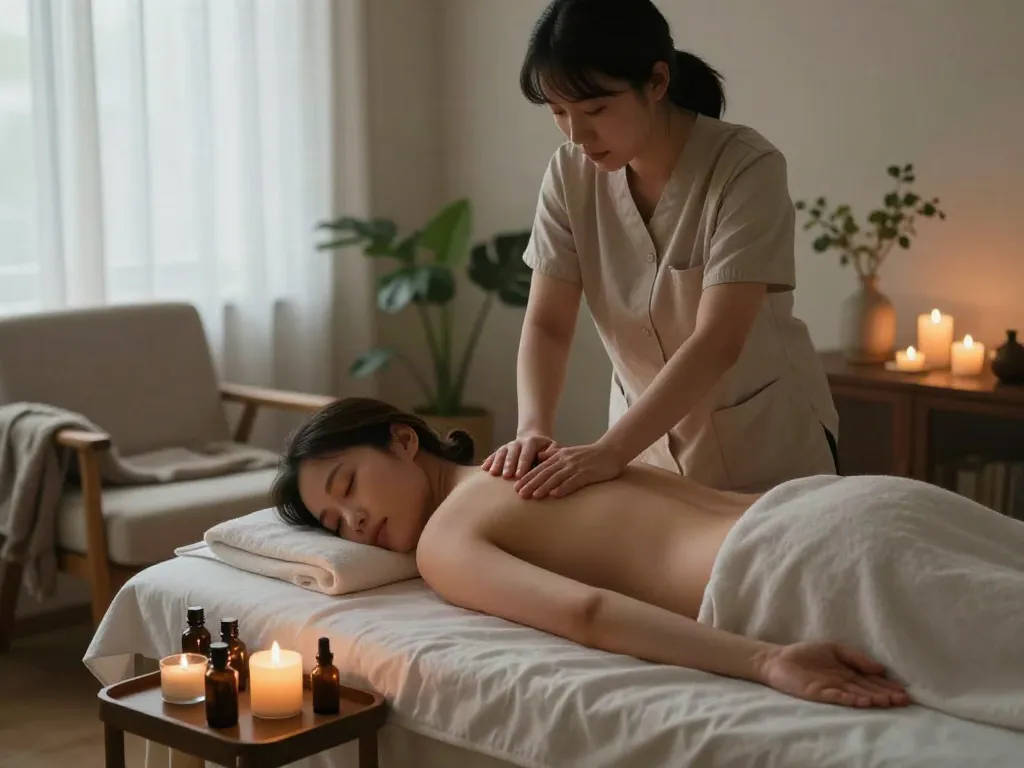 양주출장안마 relaxation session with tranquil home massage setting and calming elements.